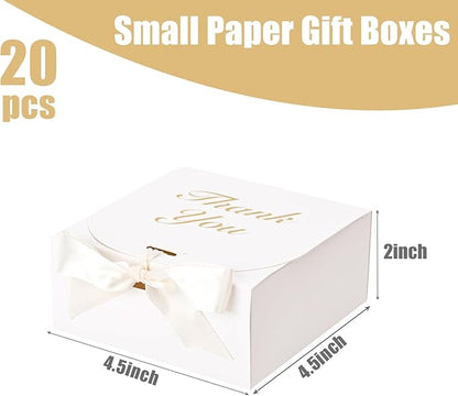 VGOODALL 20PCS Thank You Gift Boxes, 4.5x4.5x1.9Inches Mini Party Favor Boxes White Treat Bags with Bow Ribbon for Wedding Bridal Baby Shower Birthday Party
