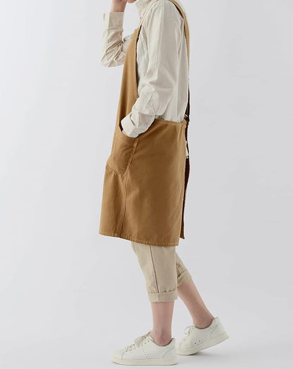 Soft Cotton Linen Apron for Women - Non-tie Cross Back Apron with Pockets, Great for Florist and Kitchen