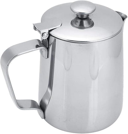 Stainless Steel Coffee Cup Mug Milk Frothing Pitcher Jug with Lid for Latte Coffee Art for Office Kitchen with handle(350mL)