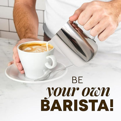 Zulay Milk Frothing Pitcher with Latte Art Pen – 12oz 20oz 32oz - Stainless Steel Frother Cup with Measurement Markings, Espresso & Coffee Accessories Creamer Jug with Laser-Welded Handle - 12 oz