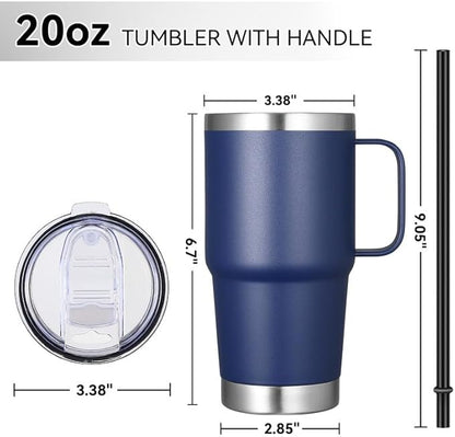 VEGOND 20 oz Tumbler Bulk with Handle Lid and Straw, Stainless Steel Insulated Travel Coffee Mug Set, Spill Proof Double Wall Metal Tumblers Cups, Powder Color Navy Blue 12 Pack