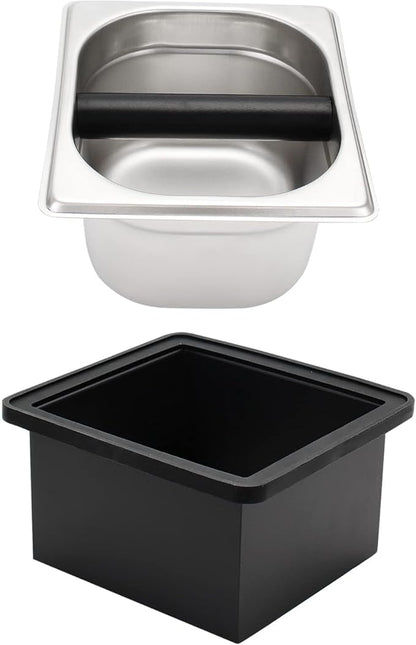 Espresso Knock Box,Stainless Steel Coffee Pucks Container, with Steel Holder and Noise Reduction Rubber Ring (7.28 x 6.8 x 4.25 inch)