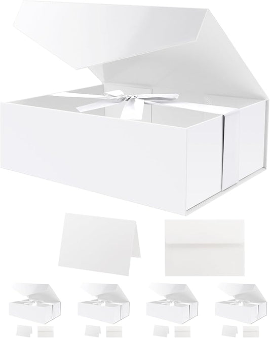 HAPPY POTATO 5 White Gift Boxes with Lids and Ribbon 11.5x8.1x3.8 Inches, Bridesmaid Proposal Boxes, Large Magnetic Gift Boxes for Presents (Glossy White, Pack of 5)