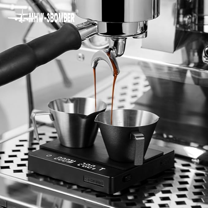 MHW-3BOMBER Espresso Measuring Cups, Double Spouts Stainless Steel Espresso Pour Cup, Espresso Shot Cups with Handle Scale, Metal Measuring Cups with V-Shaped Mouth, 3.4OZ/100ML Silver G5146BL-OS