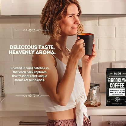 BROOKLYN COFFEE Whole Bean, Breakfast Blend Light Medium Roast (5lb) Delicate, Smooth, Low Acidity - Fresh Bulk Coffee Beans Roasted Weekly in NYC
