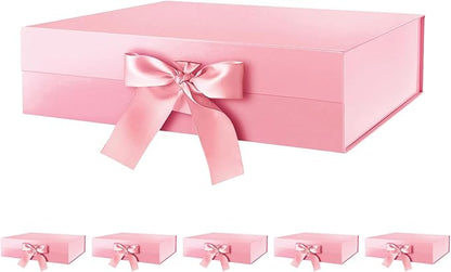 HAPPY POTATO 6 Large Gift Boxes for Presents with Lids 13.5x9x4.1 Inches, Pink Gift Boxes with Ribbon, Bridesmaid Proposal Boxes, Magnetic Gift Wrap Boxes for Wedding (Glossy Pink, Pack of 6)