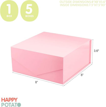 HAPPY POTATO 5 Packs Gift Boxes 7.5x7.5x3 Inches, Pink Gift Boxes with Lids, Bridesmaid Proposal Boxes, Square Gift Boxes, Magnetic Gift Boxes for Presents (Glossy Pink, Pack of 5)