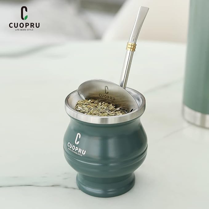 Stainless Steel Yerba Mate Cup and Set - 6.7 oz, Army Green, Modern Design