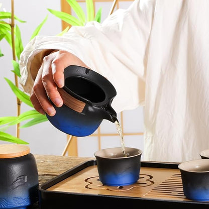 LURRIER Gongfu tea sets, Portable Ceramic TeaSet, Asian Tea sets for adult, Tea Gift sets, Grey leather case, Portable Travel Bag,Home,Gifting,Outdoor and Office(XBlack and Blue)