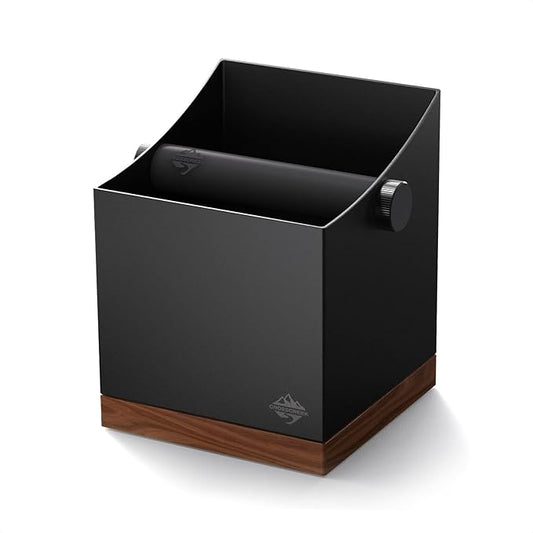 CrossCreek Coffee Knock Box | 2.5L Large Espresso Grounds Container | Metal & Walnut Wood | Removable Silicone Knock Bar & Non-Slip Base | Espresso Accessories for Coffee Bar | Black