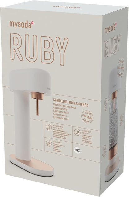 Mysoda Ruby 2 Sparkling Water Maker - Soda Streaming Machine Silent Carbonated Water Machine Robust Long-Lasting Aluminium Soda Maker 1L Water Bottle Without CO2 Cylinder - White Copper Soda Machine