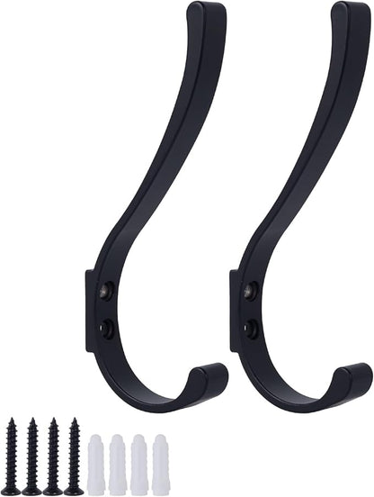 2 Pack Hanging Coat Hooks Wall Mount, Coat Hanger Wall Hangers, Metal Hooks for Hanging Heavy Duty, Screw in Hooks for Hanging Towels, Clothes, Backpack, Hat, Bag, Jacket, Key, Robe, Backpack Black