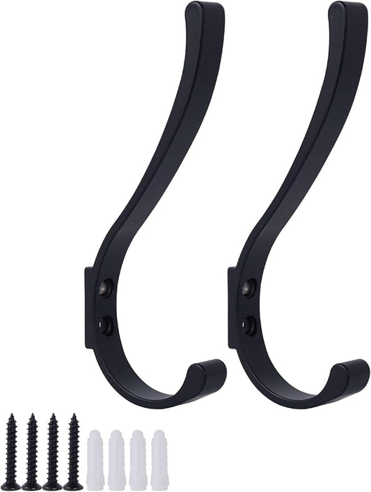 2 Pack Hanging Coat Hooks Wall Mount, Coat Hanger Wall Hangers, Metal Hooks for Hanging Heavy Duty, Screw in Hooks for Hanging Towels, Clothes, Backpack, Hat, Bag, Jacket, Key, Robe, Backpack Black
