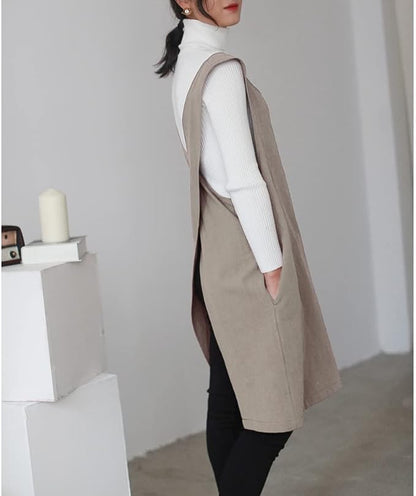 Cotton Linen Japanese Apron Halter Cross Back Bandage X Shape Aprons Two Pockets