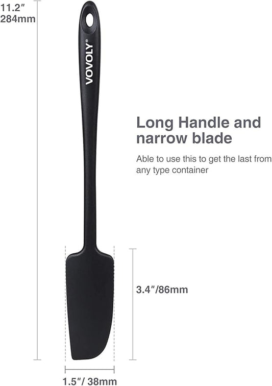 2-Pack Vovoly Silicone Jar Spatulas, Small Seamless Design Rubber Scraper with Stainless Steel Core, Heat Resistant and Non-Stick Mini Spatula for Jars and Blenders, BPA Free,11 IN, Black