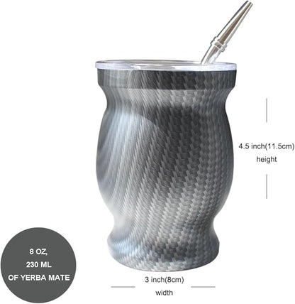 Beruth Bombilla Yerba Mate Gourd, 8oz Stainless Steel Tea Cup Set with a Multifunctional Lid, Two Straws and Cleaning Brushes, Double Walled Coffee Mug Heat Insulation Anti Scalding (Water Ripples)
