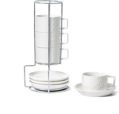 Sureasy Ceramic Espresso Cups Set of 4 – 4 oz White Embossed Cappuccino Cups with Saucers and Metal Stand, Stackable Mugs for Latte, Mocha, Tea, and Specialty Coffee