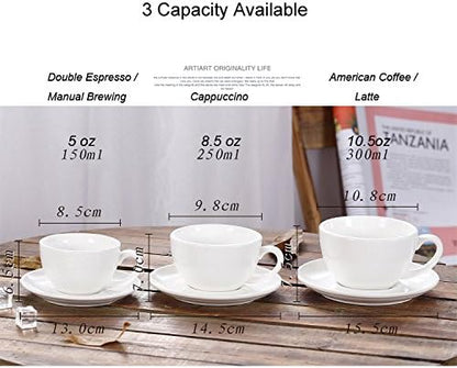 Manual Brew Coffee Cup and Saucer, Latte Art Cappuccino for Coffee Shop and Barista (Glossy Red, 8.5 oz)
