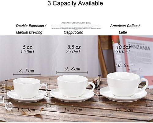 Latte Art Cup and Saucer for Latte & Cappuccino, Great Cup Shape for Coffee Shop and Barista, Ceramic (Glossy Light Blue, 10.5 oz)