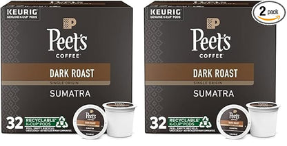 Peet's Coffee, Dark Roast Keurig K-Cup Pods - Single Origin Sumatra 64 Count (2 Boxes of 32 K-Cup Pods)