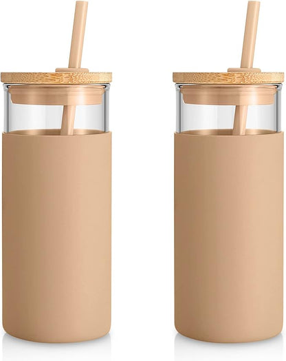 Tronco 20 oz Glass Tumbler Glass Water Bottle Straw Silicone Protective Sleeve Bamboo Lid - BPA Free- Amber/2 Pack