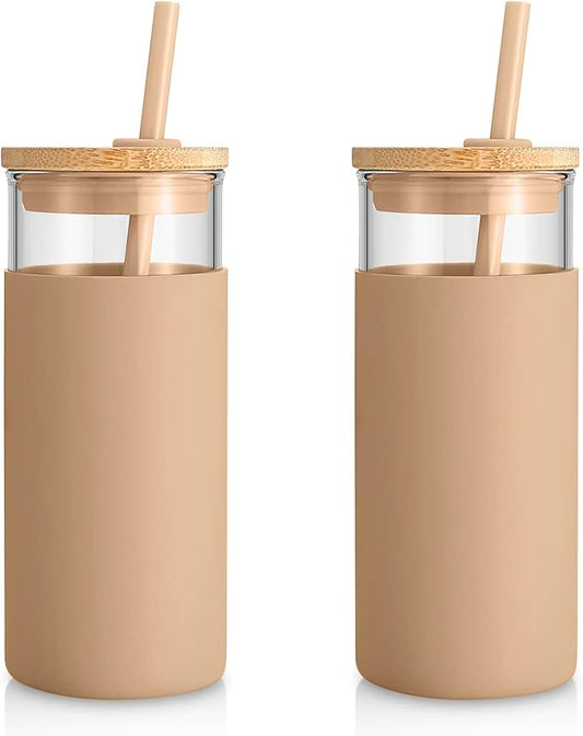 Tronco 20 oz Glass Tumbler Glass Water Bottle Straw Silicone Protective Sleeve Bamboo Lid - BPA Free- Amber/2 Pack