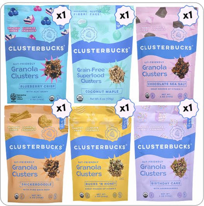 Clusterbucks Superfood Clusters – Grain-Free, Keto-Friendly Granola with Regeneratively Grown Sprouted Buckwheat– Gluten-Free, Low-Carb, Organic Healthy Snack (6 Ounce (Pack of 6), Variety #1)