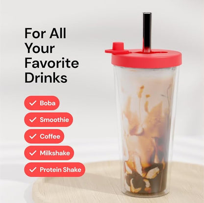 Dodoko Reusable Boba Cup and Straw Boba Tea Cup Bubble Tea Cup Reusable Iced Coffee Cup Cold Coffee Cup Smoothie Cup with Lid and Straw Smoothie Cup to go Smoothie Tumbler 17 oz - Hot Pink