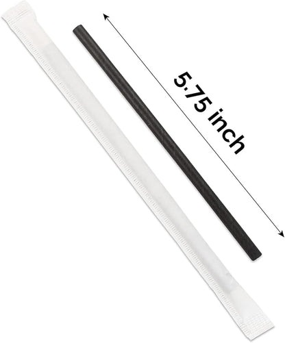 [400 Pack] Chunspak 5.75 inch Disposable Black Paper Cocktail Straws, Paper Bar Stirrers - Individually Wrapped