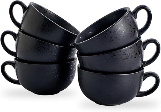 Set of 6 Vintage Design 12 oz Professional Barista Ceramic Latte Art Cappuccino Cups Set (Facular Black * 6)