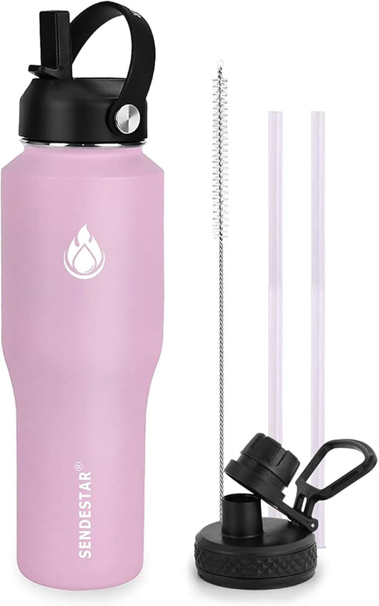 SENDESTAR Water Bottle 32oz,2 Lids(Straw lid),Wide Mouth Stainless Steel Vacuum Insulated Double Wall Keep Liquids Cold or Hot All Day,Sweat Proof Sport Design,Fit Car Cup Holder(Peach)