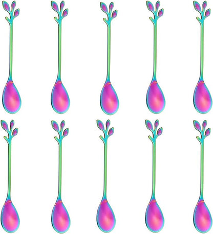 AnSaw Elegant Rainbow Leaf Coffee Spoons - 10-Piece, 4.7" Mini Stainless Steel Espresso & Dessert Tea Spoons, Perfect for Demitasse & Small Servings