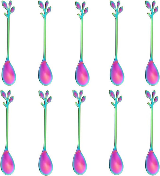 AnSaw Elegant Rainbow Leaf Coffee Spoons - 10-Piece, 4.7" Mini Stainless Steel Espresso & Dessert Tea Spoons, Perfect for Demitasse & Small Servings