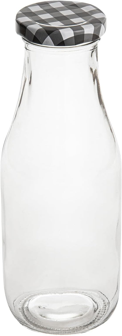 Restaurantware French Countryside 15 Ounce Glass Bottles 10 Durable Juice Bottles - With Black Plaid Lid Dishwashable Clear Glass Countryside Bottles For Hot And Cold Beverages