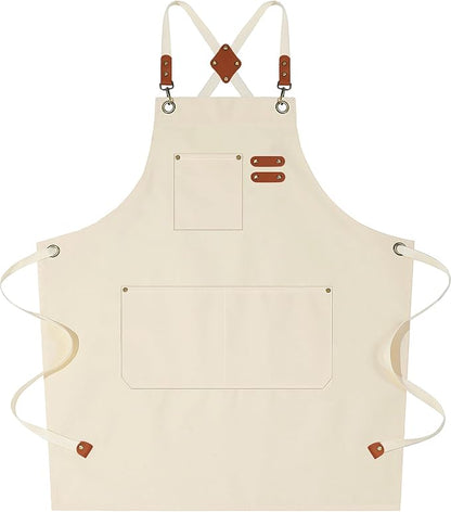 AFUN Chef Aprons for Women Men with Large Pockets, Cotton Canvas Cross Back Water Repellent Work Apron, Size M to XXL (Cream)