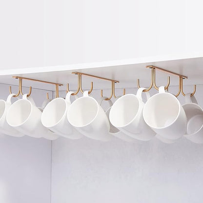 Mug Rack Under Cabinet - Coffee Cup Holder, 12 Mugs Hooks Under Shelf, Display Hanging Cups Drying Hook for Bar Kitchen Utensils Gold