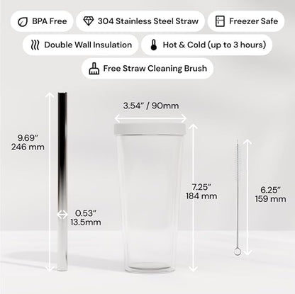Reusable Boba Cup with Resealable Lid Plug - 17 Oz Double Wall Insulated | Smoothie Tumbler | Wide Stainless Steel Straw For Bubble Tea, Boba Pearls - White