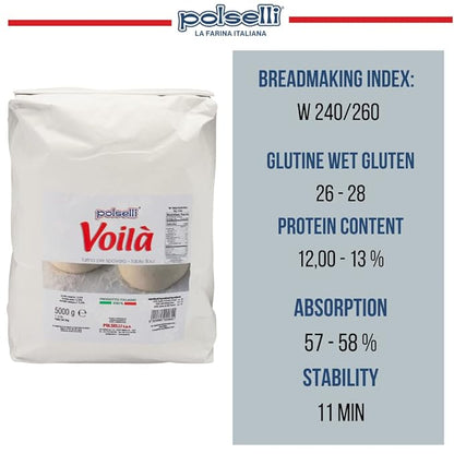 Voila, Table and Dusting Flour, Soft Wheat, Pizza, Baking, Pasta, Italy, Spolvero, All Natural, Non GMO, Not Bleached(5 kg) 11 lbs Polselli