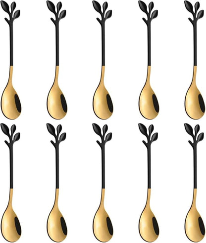 AnSaw Small Coffee Spoon Holder Set,Black Swan Base With 10 Pcs Black & Gold Demitasse Espresso Spoons Set,4.7" Mini Leaf Dessert Spoon,Stainless Steel Tea Spoons