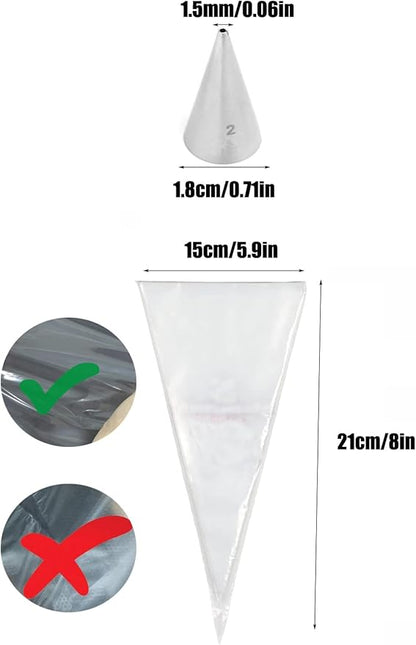 #2 Piping Tip and Bag Set – 3 Fine Round Tips & 20 Disposable 8-Inch Pastry Bags for Lettering, Outlines & Detail Work