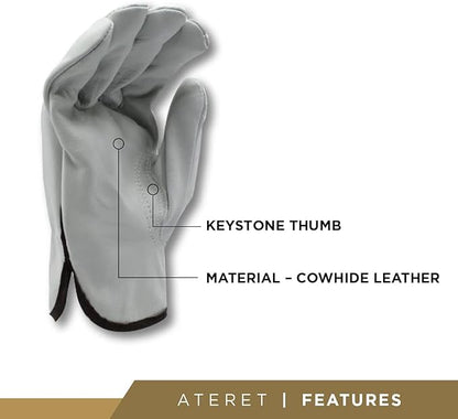 ATERET 24 Pairs Large Heavy Duty Durable Cowhide Leather Work Gloves I Driver Gloves for Truck Driving, Warehouse, Gardening, Farming