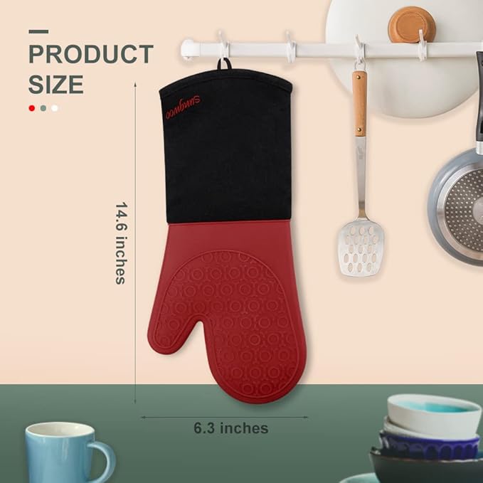 sungwoo Extra Long Silicone Oven Mitts, Heat Resistant Oven Gloves with Quilted Liner Non-Slip Textured Grip Perfect for BBQ, Baking, Cooking and Grilling - 1 Pair 14.6 Inch Red & Black