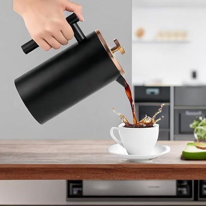 Stainless Steel French Press Coffee Maker 1500ml, Black Double-Wall Insulated Large French Coffee Press for travel camping,Large Capacity （50oz, Black）