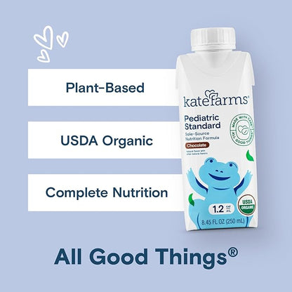 KATE FARMS Organic Pediatric 1.2 High Calorie Chocolate Nutrition Shake, 12g Protein, 27 Vitamins and Minerals, Meal Replacement, 8.45 oz (12 pack)