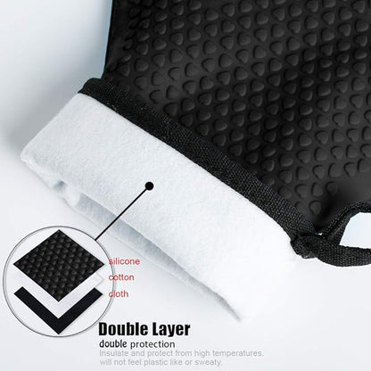 Kitchen Oven Gloves - Dual-Layer Heat Resistant Grilling Gloves, Silicone Oven Mitts with 5 Fingers, Waterproof Non-Slip Pot Holder for Barbecue, Cooking, Baking (Black)