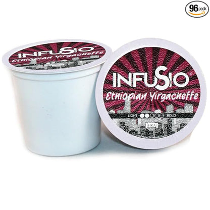 InfuSio Coffee Pods 96 Count Ethiopian Yirgacheffe Gold Medium Light Roast Single serve Coffee pods for Keurig K Cup® Brewers - InfuSio Premium Roasted Keurig 2.0 Compatible