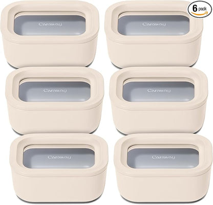 Caraway 6pc Glass Food Storage Set - 2.6 Cup Storage Containers For Food (6) - Non-Toxic Ceramic-Coated Glass - Air Release Technology - Compact & Stackable Design - Cream