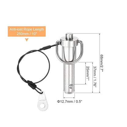 uxcell 1 Pcs Quick Release Pin, 1/2" x 1"(Dia. x L) Push-Button Ball Locking Pin 304 Stainless Steel Ring Handle Locking Pin with Wire for Audio Bimini Top Marine, Silver