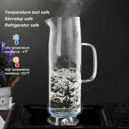 Joeyan 1.5 Liter 51oz Glass Pitcher with Lid, Fridge Door Glass Water Jug, Easy Clean Heat Resistant Water Carafe for Hot and Cold Beverages,Coffee, Iced Tea & Juice, Including Long-Handled Brush