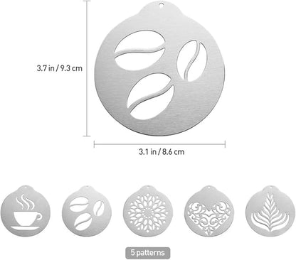 Coffee Decorating Stencils, 5Pcs Stainless Art Stencils Garland Mould Cappuccino Art Templates for Mousse, Cup Cake, Birthday Cake, Coffee, Hot Chocolate